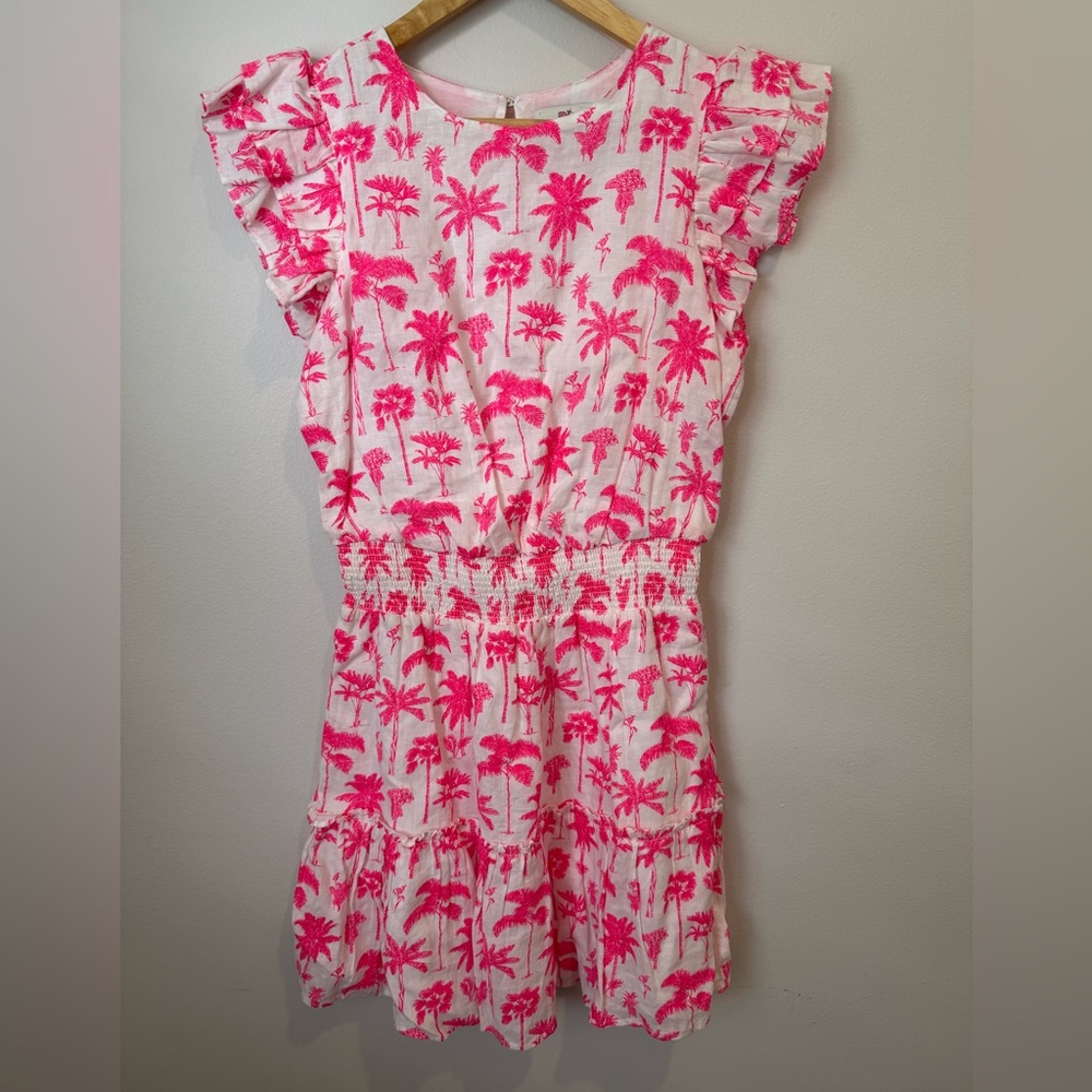 Vineyard Vines Linen Pink Palm Tree Ruffle Mini Dress XS vacation resort wear - Picture 2 of 15
